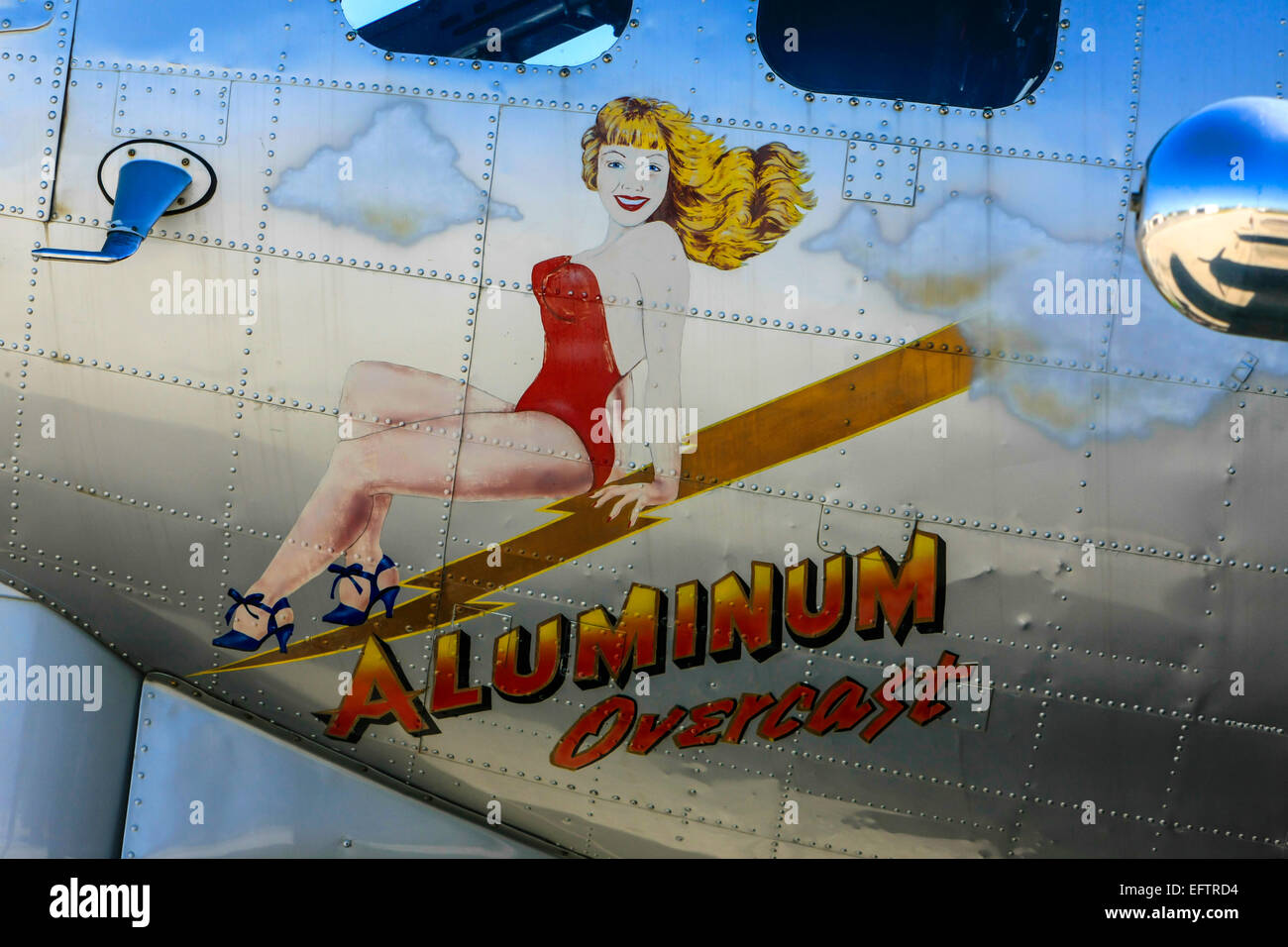 WW2 B17G Flying Fortress bomber plane called Aluminum Overcast. The name commemorates the 601st Bomb Squadron, 398th Bomb Group' Stock Photo