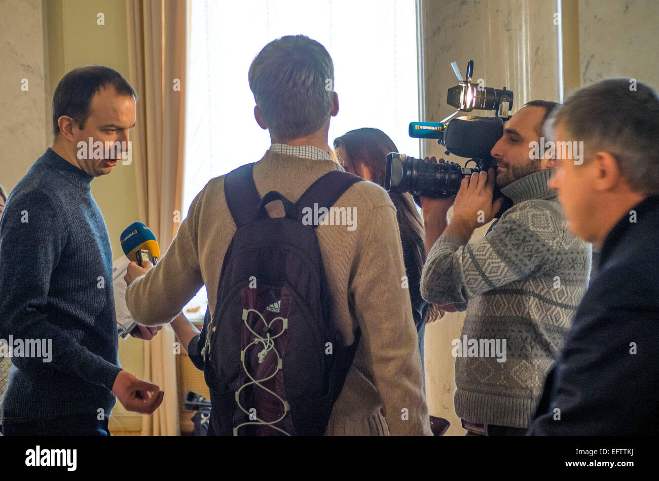 Kiev, Ukraine. 10th February, 2015. Deputy Yegor Sobolev giving an