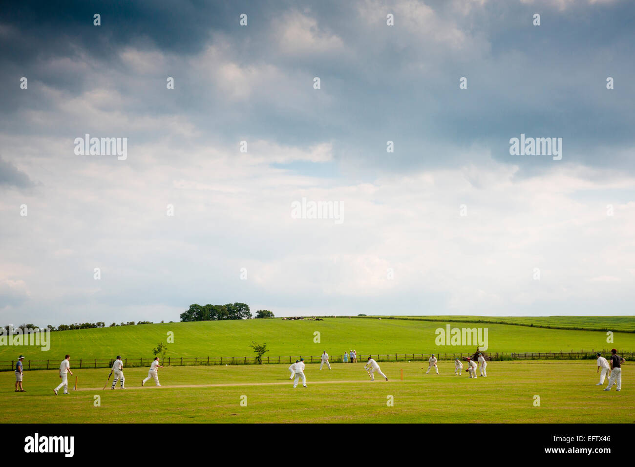 Rural scene with view cricket players playing cricket match on cricket field Stock Photo