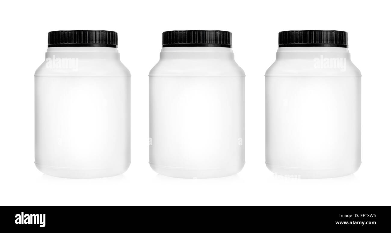 Three plastic jars set in a row isolated on white background Stock Photo