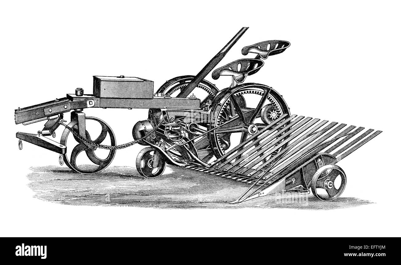 Victorian engraving of a mower reaper. Digitally restored image from a mid-19th century Encyclopaedia. Stock Photo