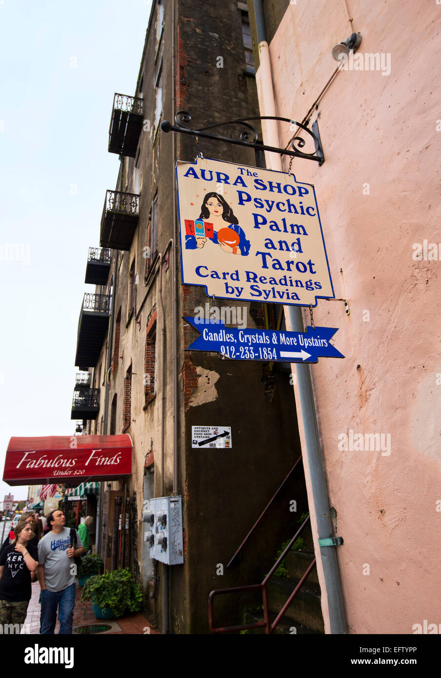 A sign for 'The Aura Shop', psychic, palm and tarot card readings by Sylvia in Savannah Georgia Stock Photo