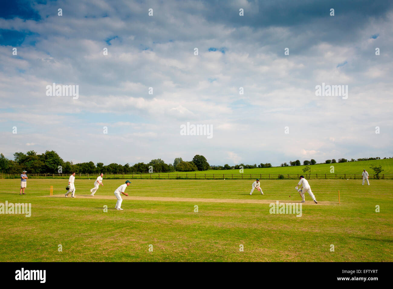 Rural scene with view cricket players playing cricket match on cricket