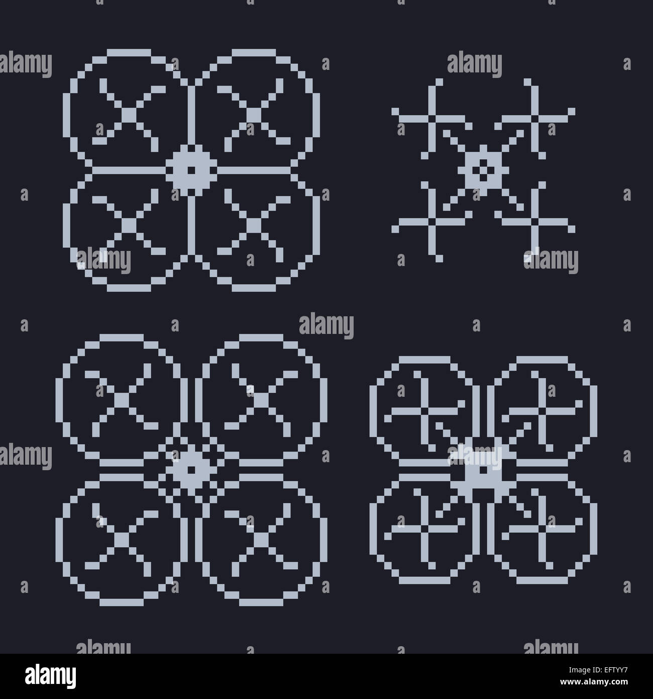 simple set of pixel art style light blue quadcopter shape with four propellers Stock Photo
