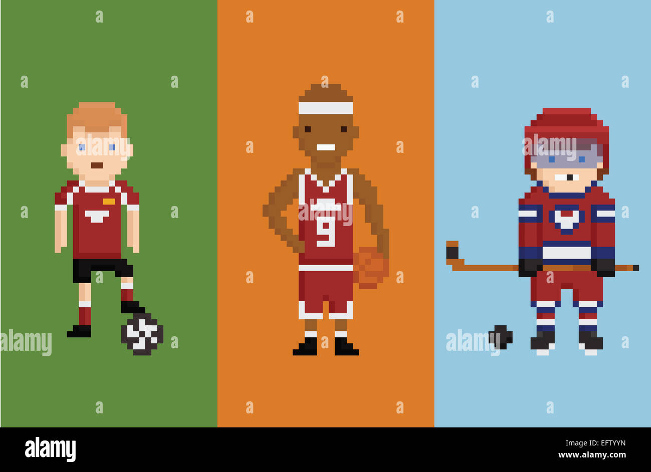 pixel art style illustration - sportsman football basketball hockey with items ball puck and bandy Stock Photo