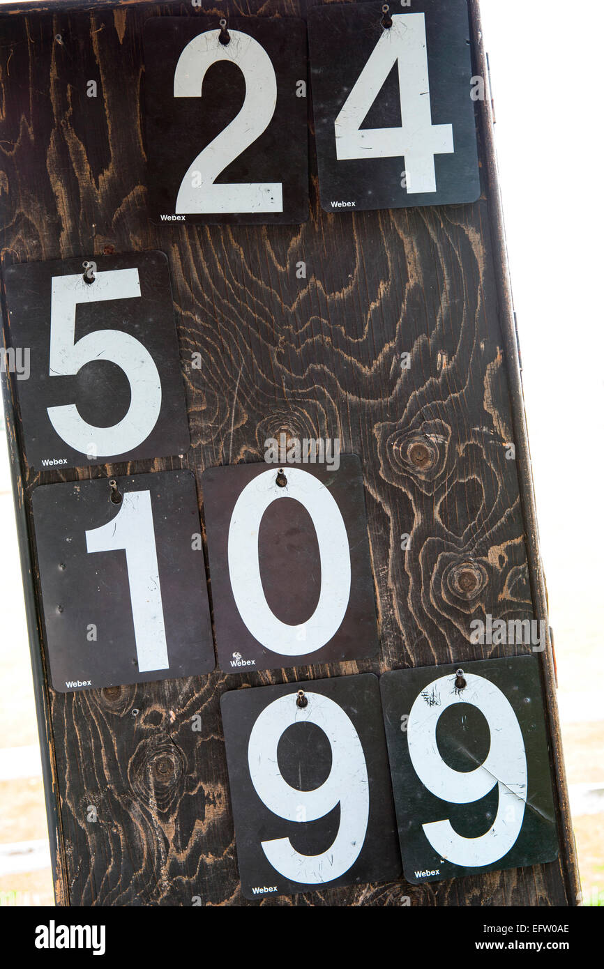 Cropped shot of black cricket scoreboard with white numbers Stock Photo