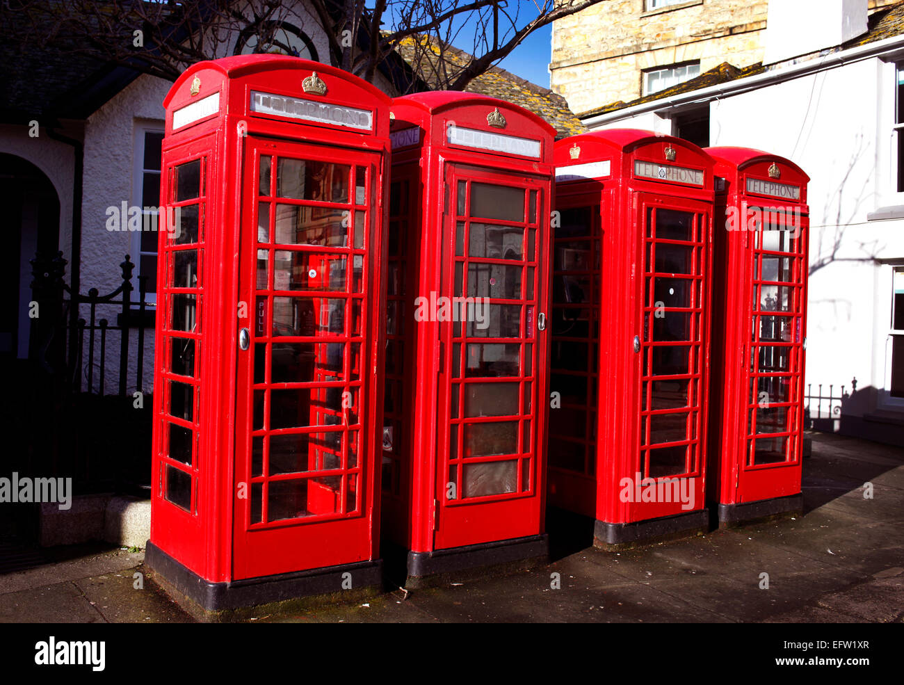 Traditional red telephone call boxes in Truro, Cornwall. Stock Photo