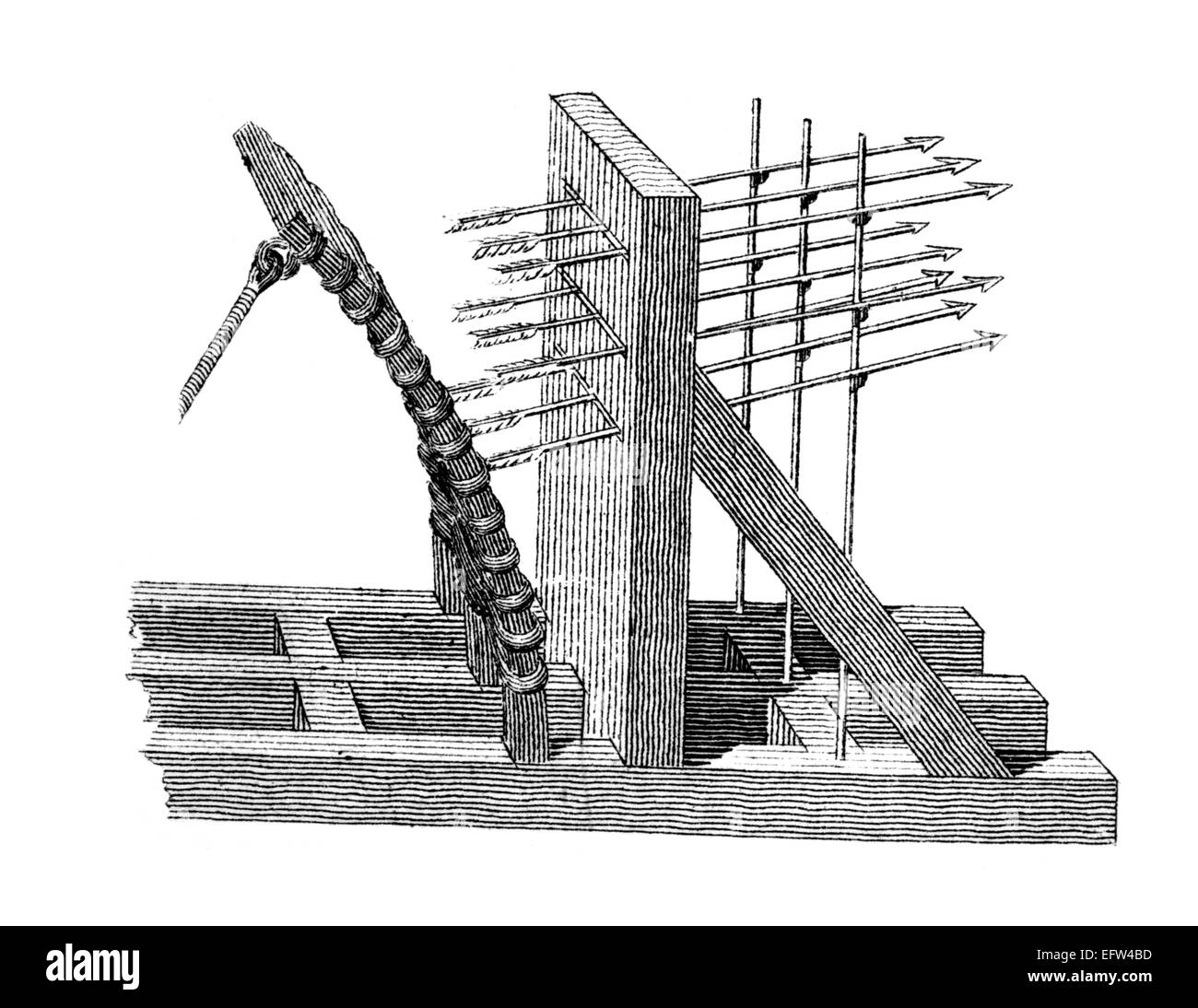 Victorian engraving of a medieval ballista. Digitally restored image from a mid-19th century Encyclopaedia. Stock Photo