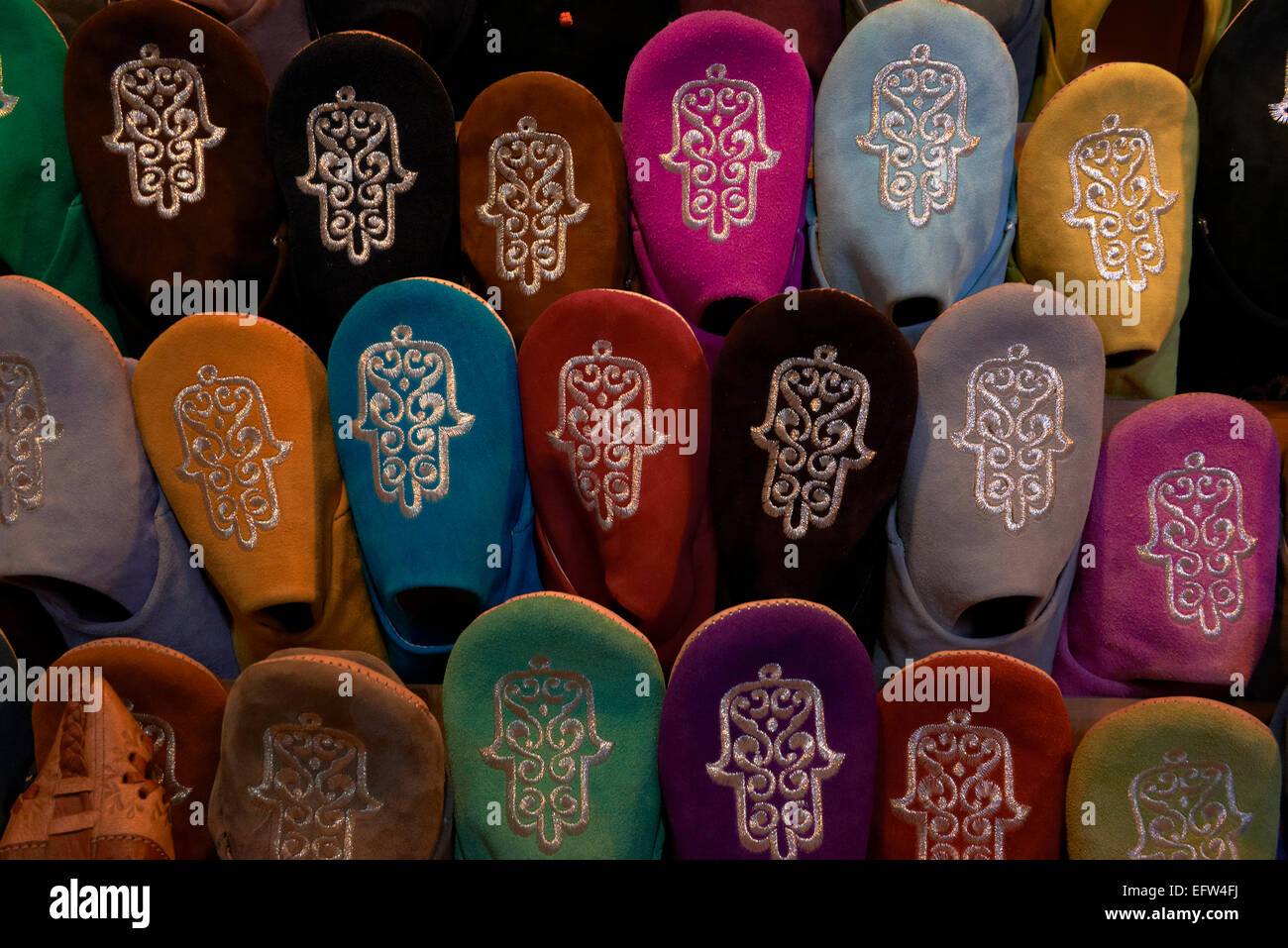 Babouches, Traditional footware, Medina, Marrakech, Souk, UNESCO World Heritage Site, Morocco, Maghreb, North Africa Stock Photo