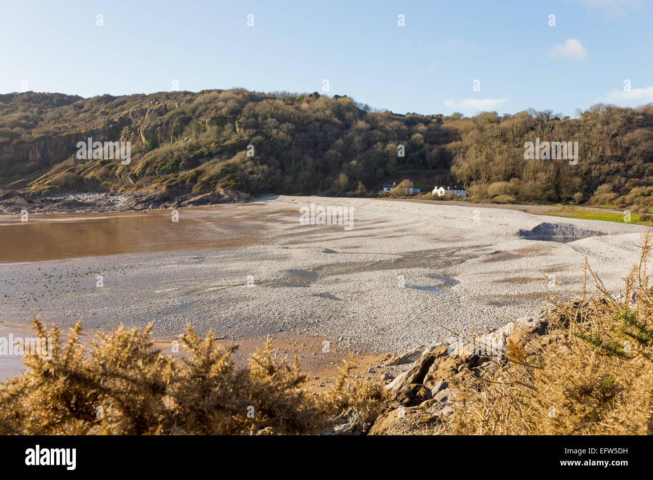 Pwlldu Site of Special Scientific Interest on the Wales Coast Path in the Gower. The unusual shingle beach damming a river is on Stock Photo