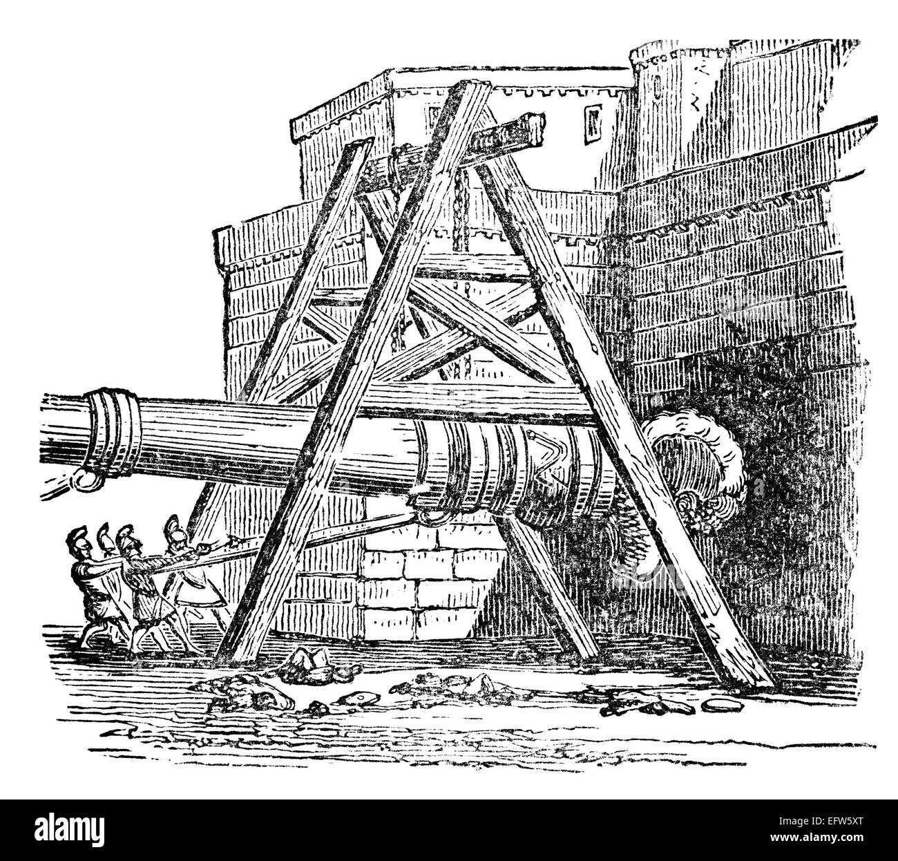 Victorian engraving of a siege engine attacking a castle. Digitally restored image from a mid-19th century Encyclopaedia. Stock Photo