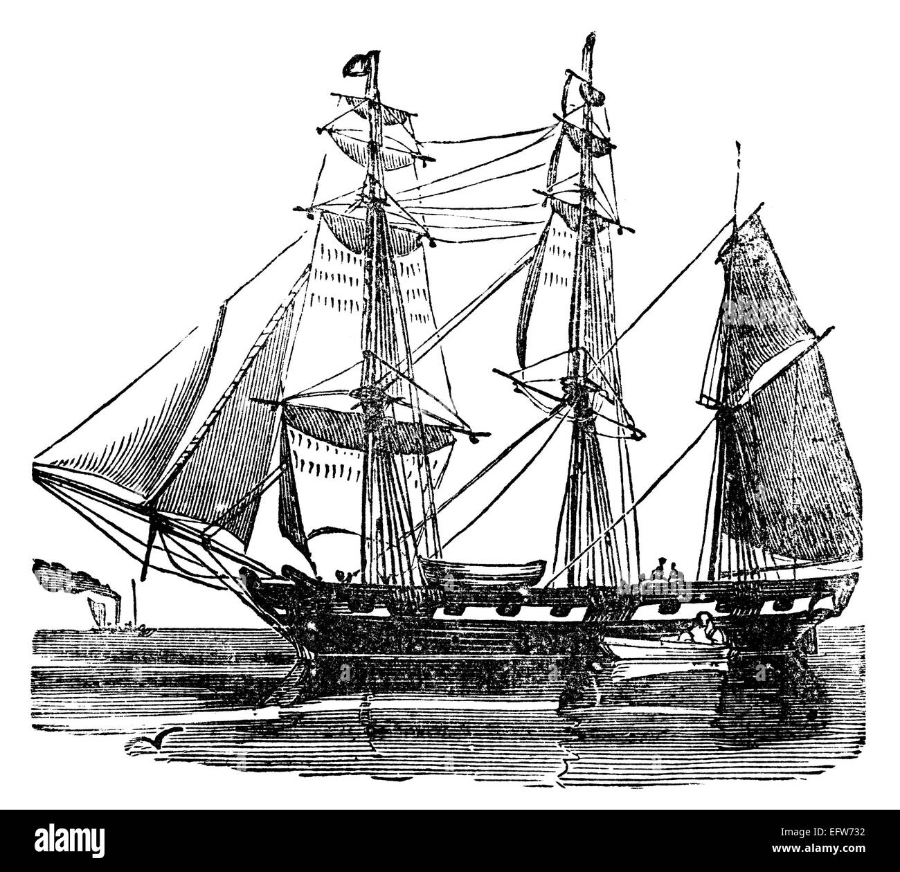 Victorian engraving of a sailing barque. Digitally restored image from a mid-19th century Encyclopaedia. Stock Photo