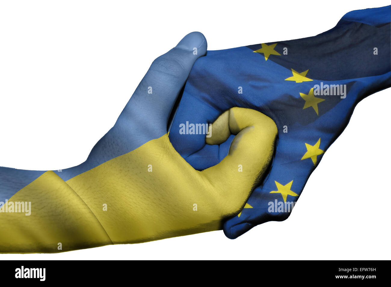 Diplomatic handshake between countries: flags of Ukraine and European Union overprinted the two hands Stock Photo