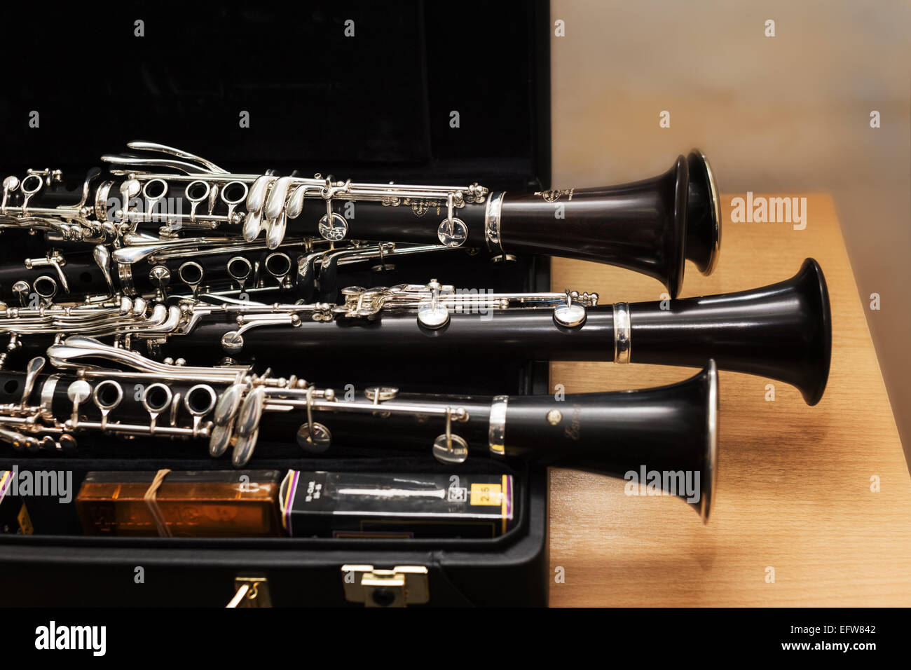 Clarinets in a case for transportation. Stock Photo