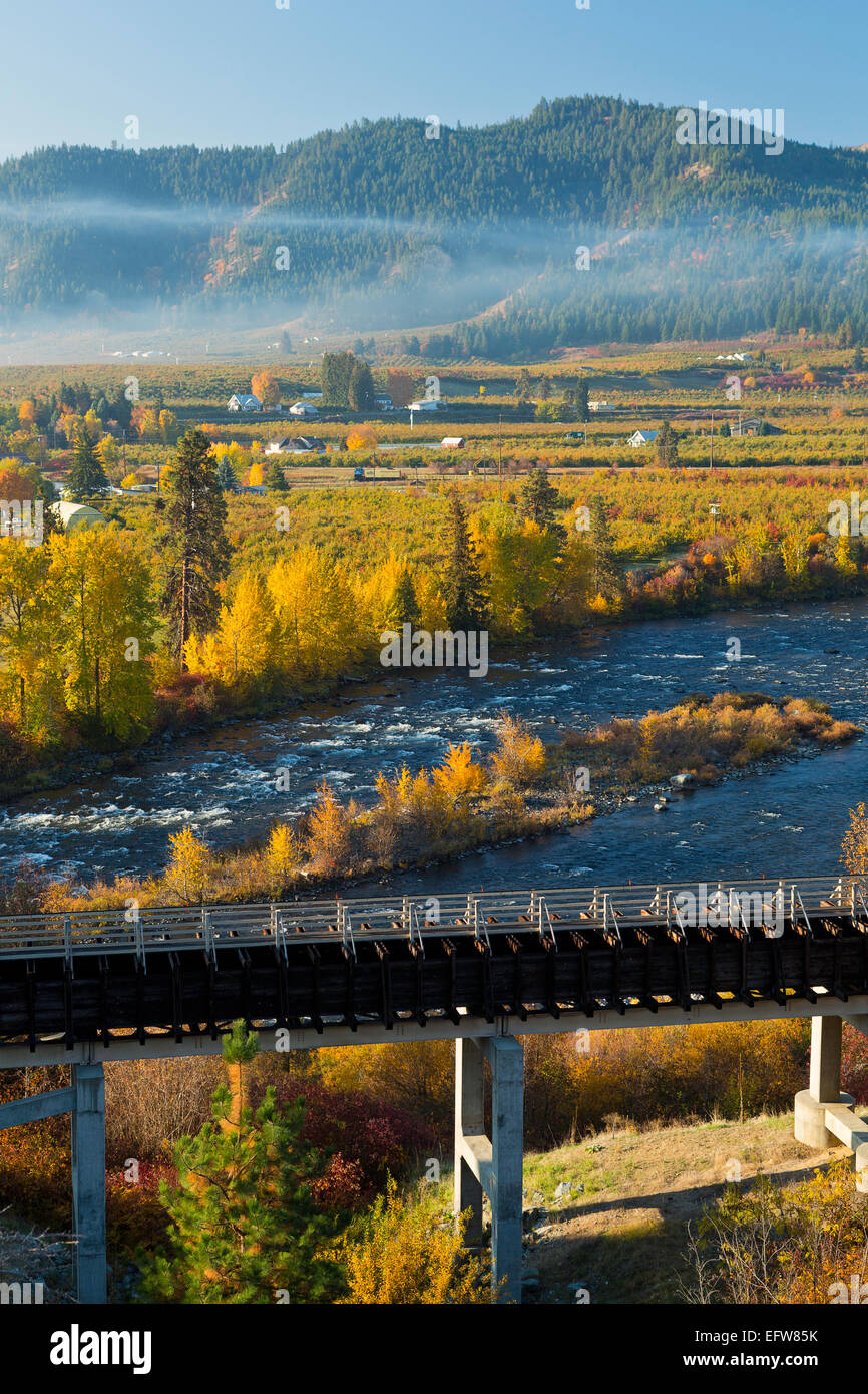 Fall color and an irrigation aqueduct along the Wenatchee River near the town of Dryden, Washington. USA Stock Photo