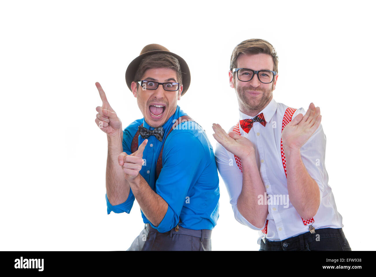 goofy business men with glasses,  hat, braces, suspenders and bow ties. Stock Photo