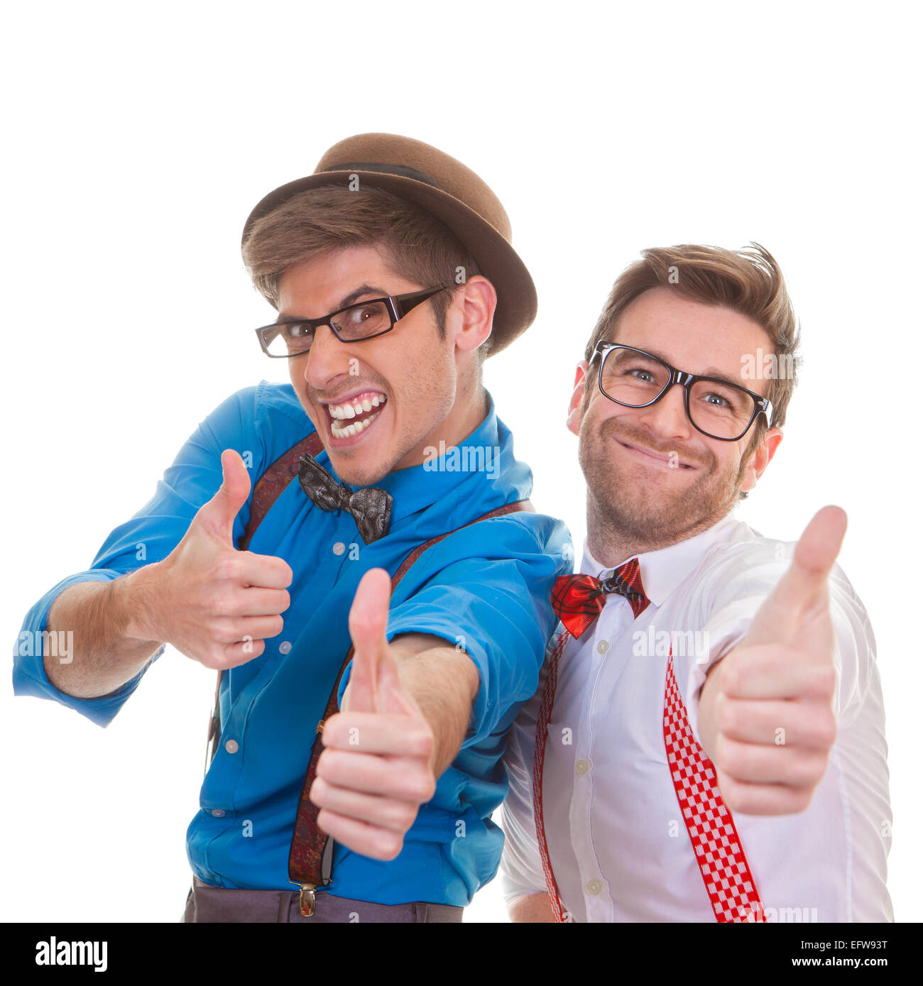 humor, successful business men with thumbs up for success Stock Photo