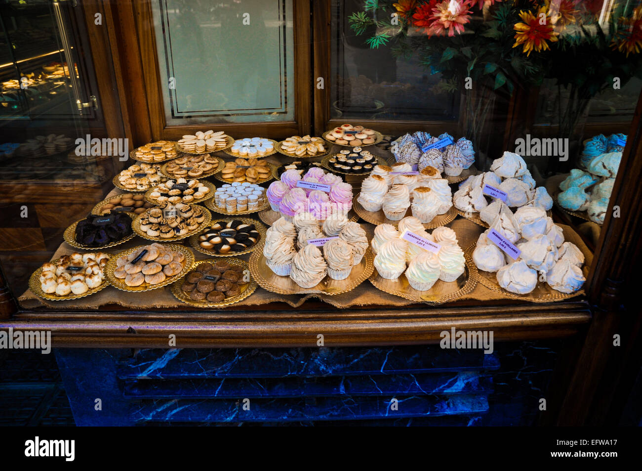 Barcelona Spain window of pastries for sale Stock Photo