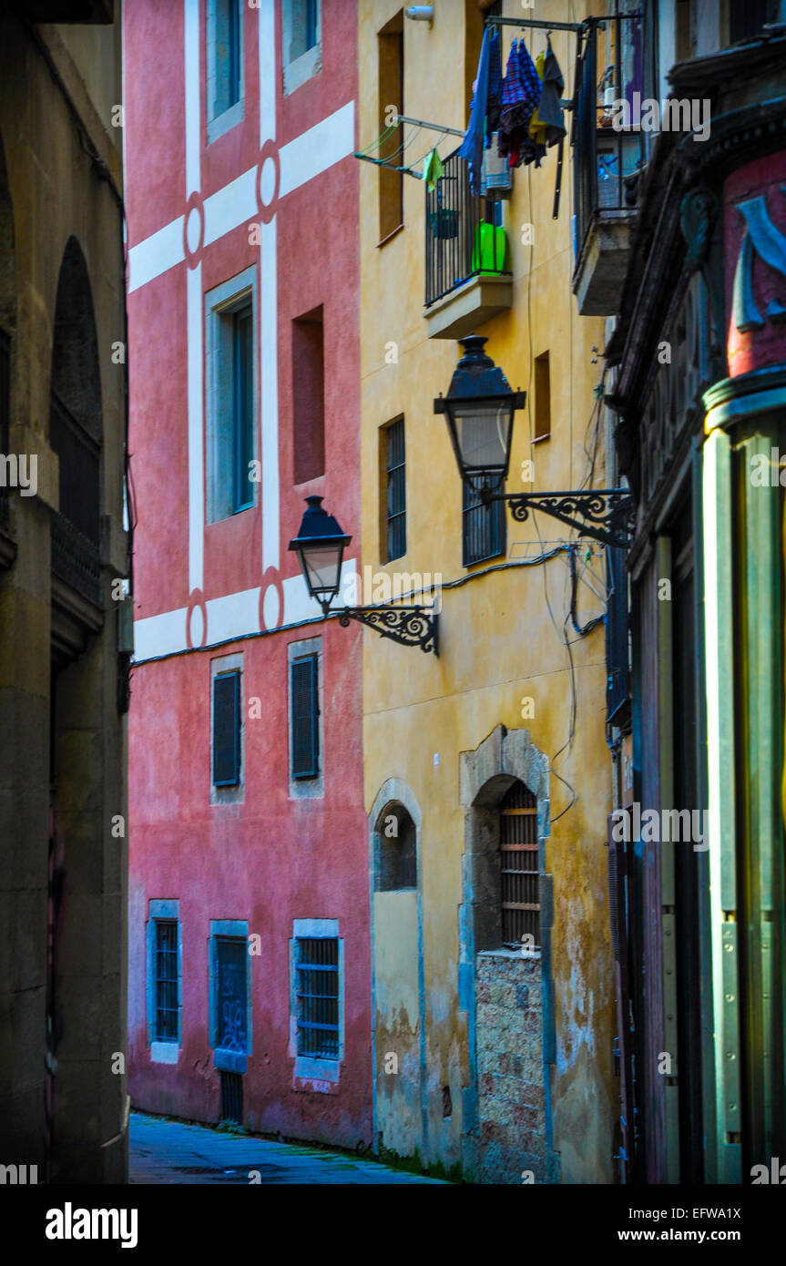 Barcelona Spain colorful alley with street lamps Stock Photo