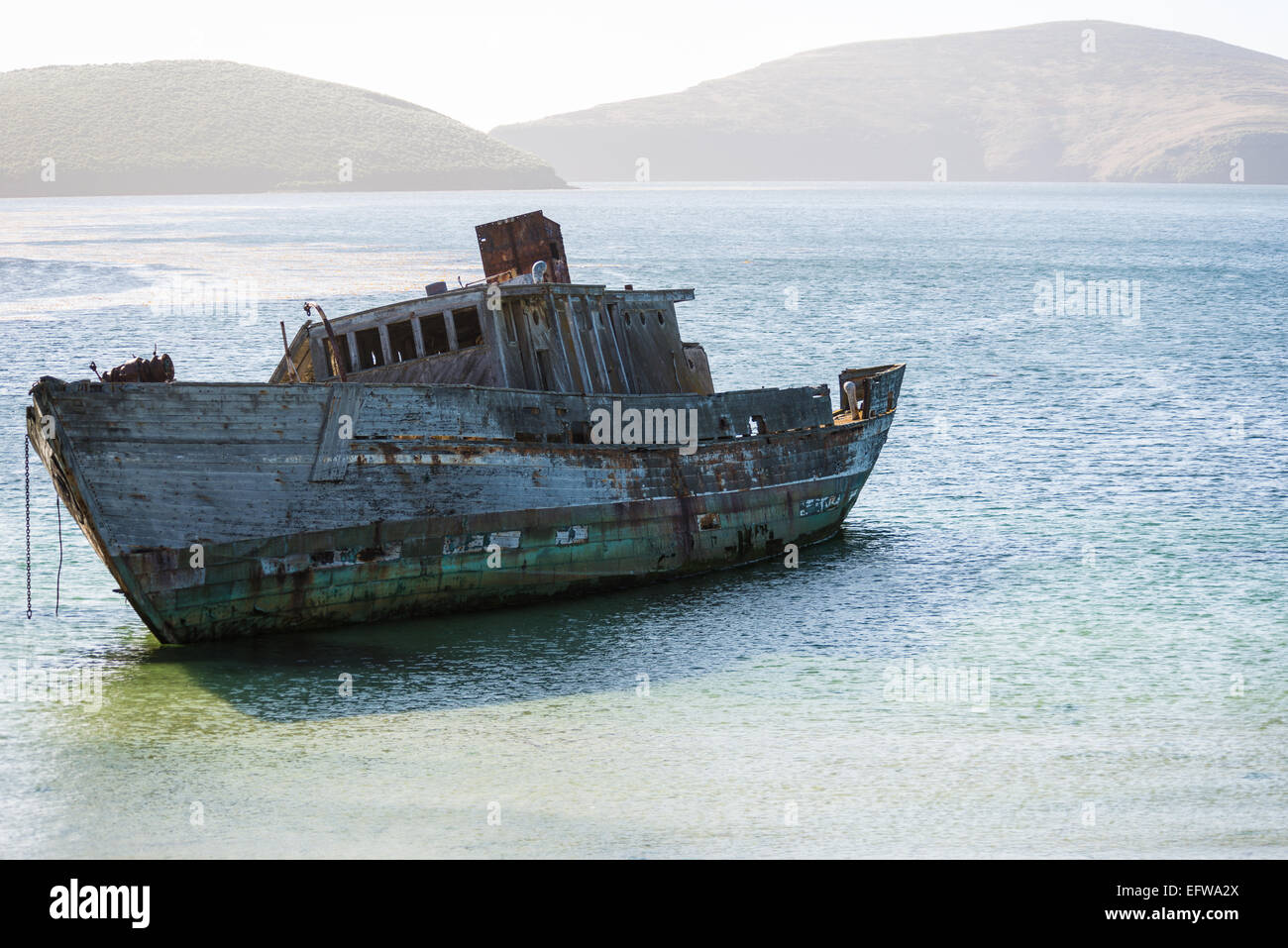 Abandoned old wooden minesweeper at New Island in the Falklands Stock Photo