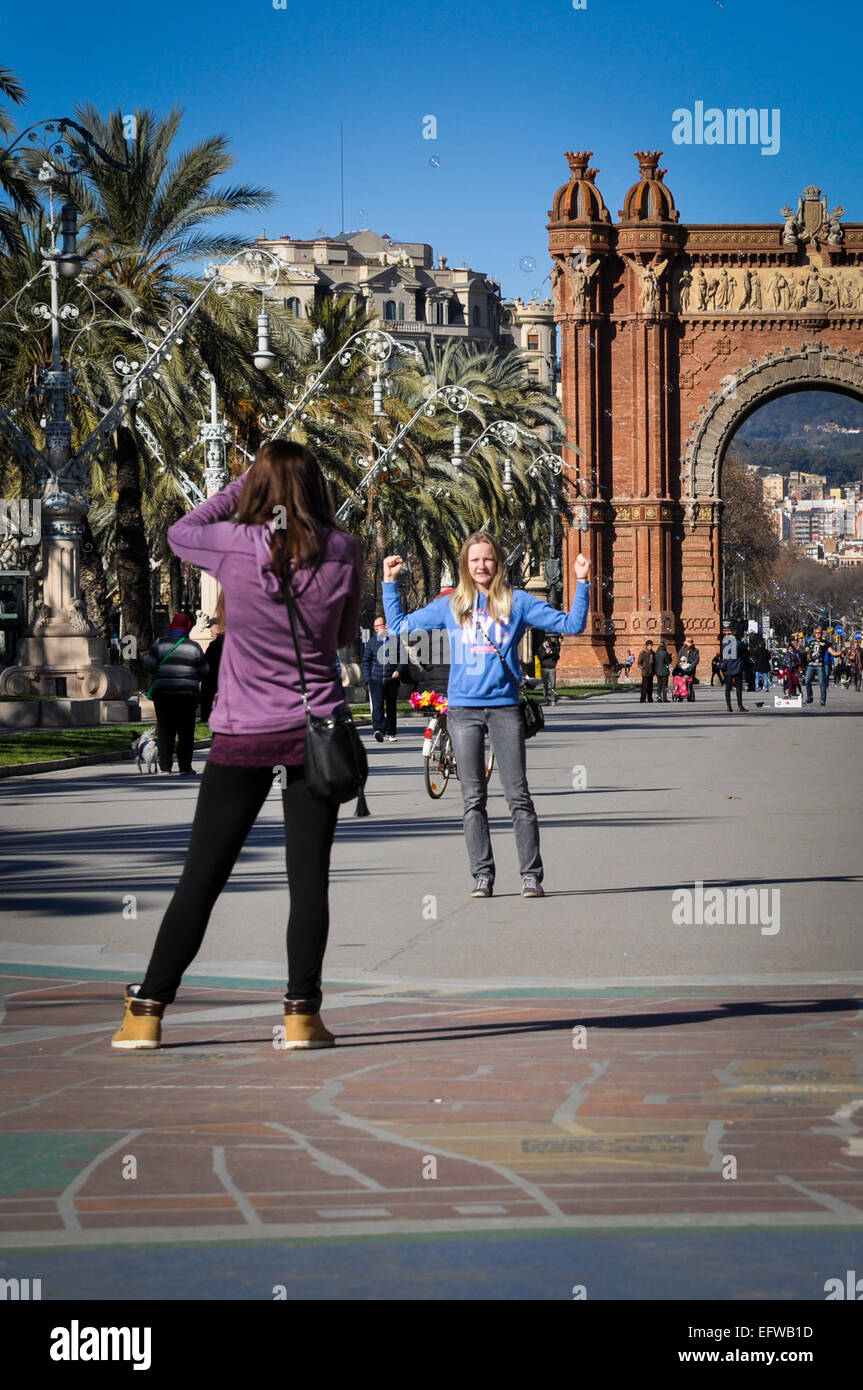 Barcelona Spain Citadel Park triumphal arch tourists taking photos Stock Photo