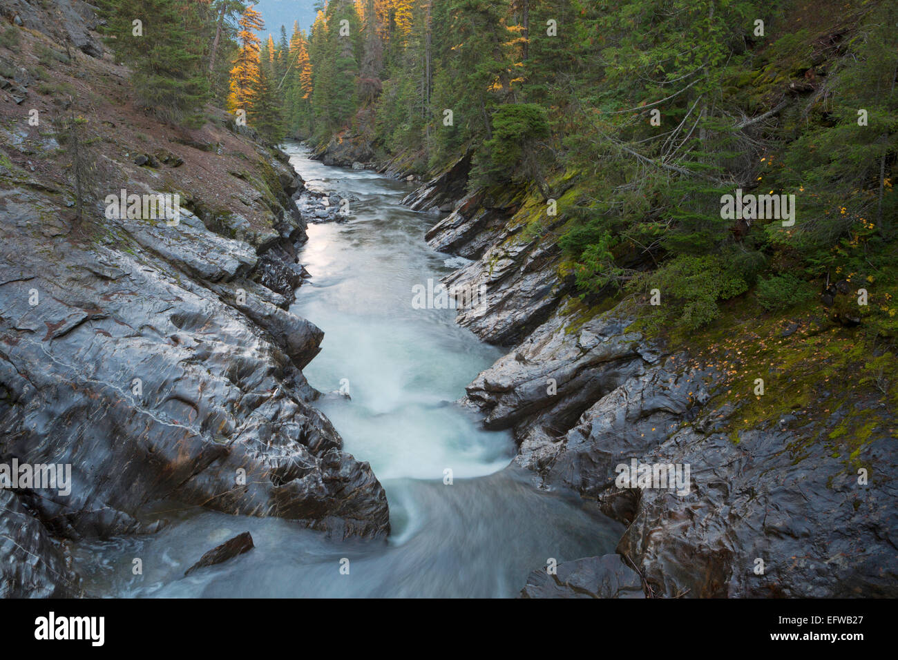 Icicle Creek in the fall within the Cascade Range in Washington, USA. Stock Photo