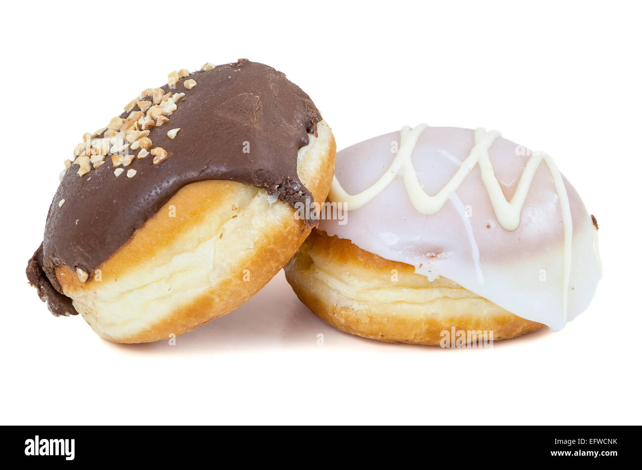 Glazed and chocolate donuts on isolated on white background with ...