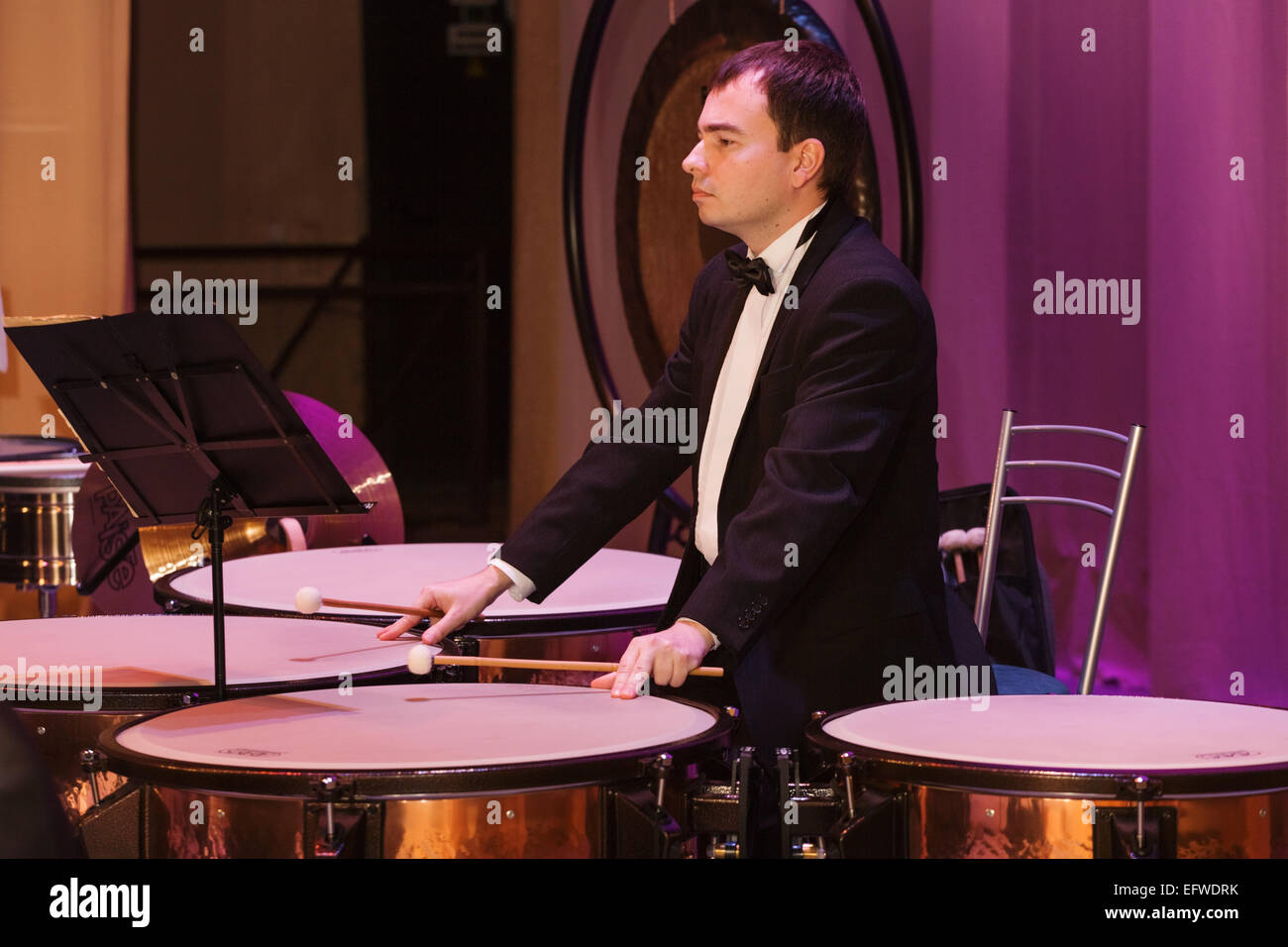 The drummer near the musical instruments to and during a concert Stock