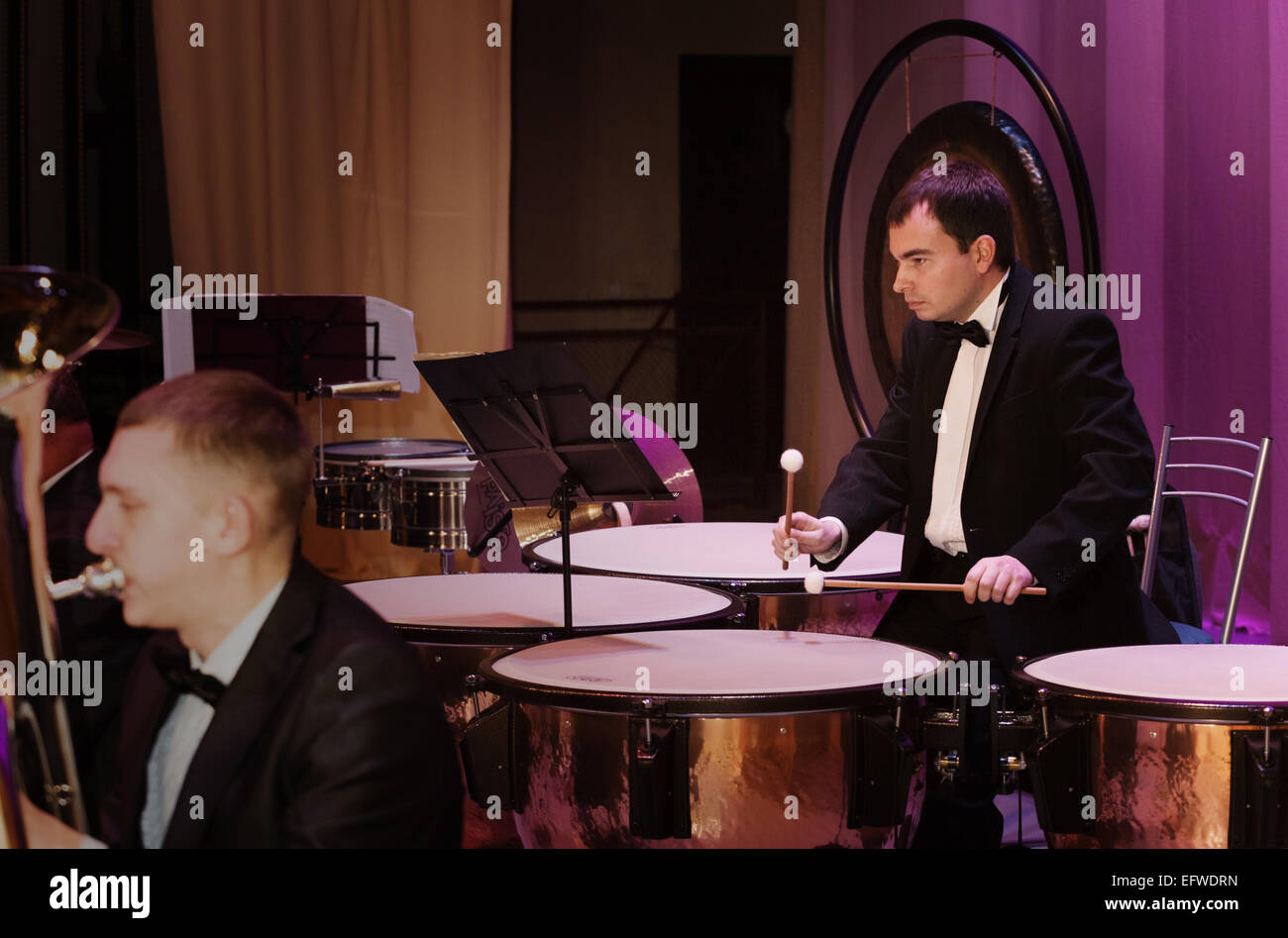 The drummer near the musical instruments to and during a concert Stock