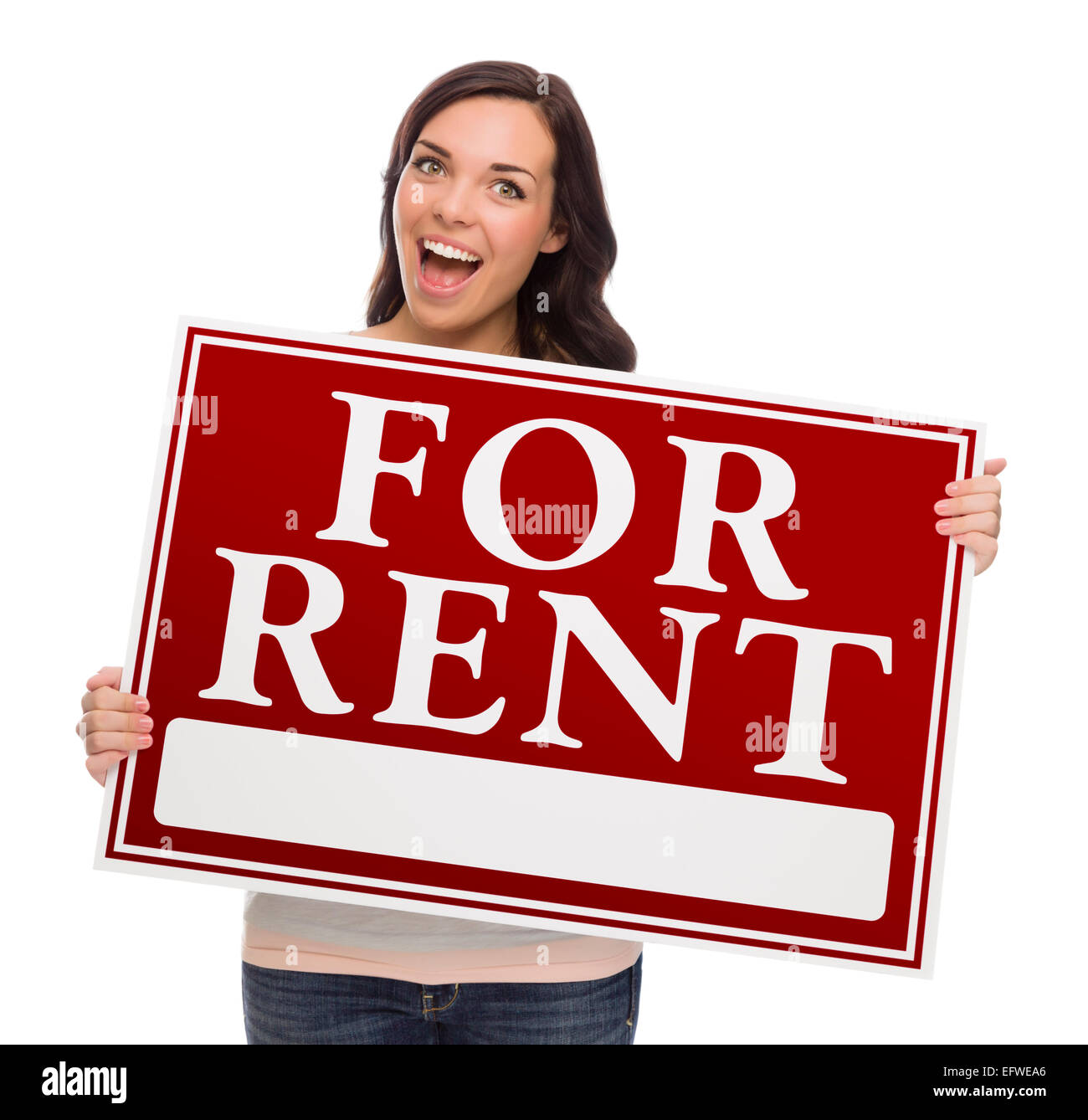 Happy Mixed Race Female Holding For Rent Sign isolated on White. Stock Photo
