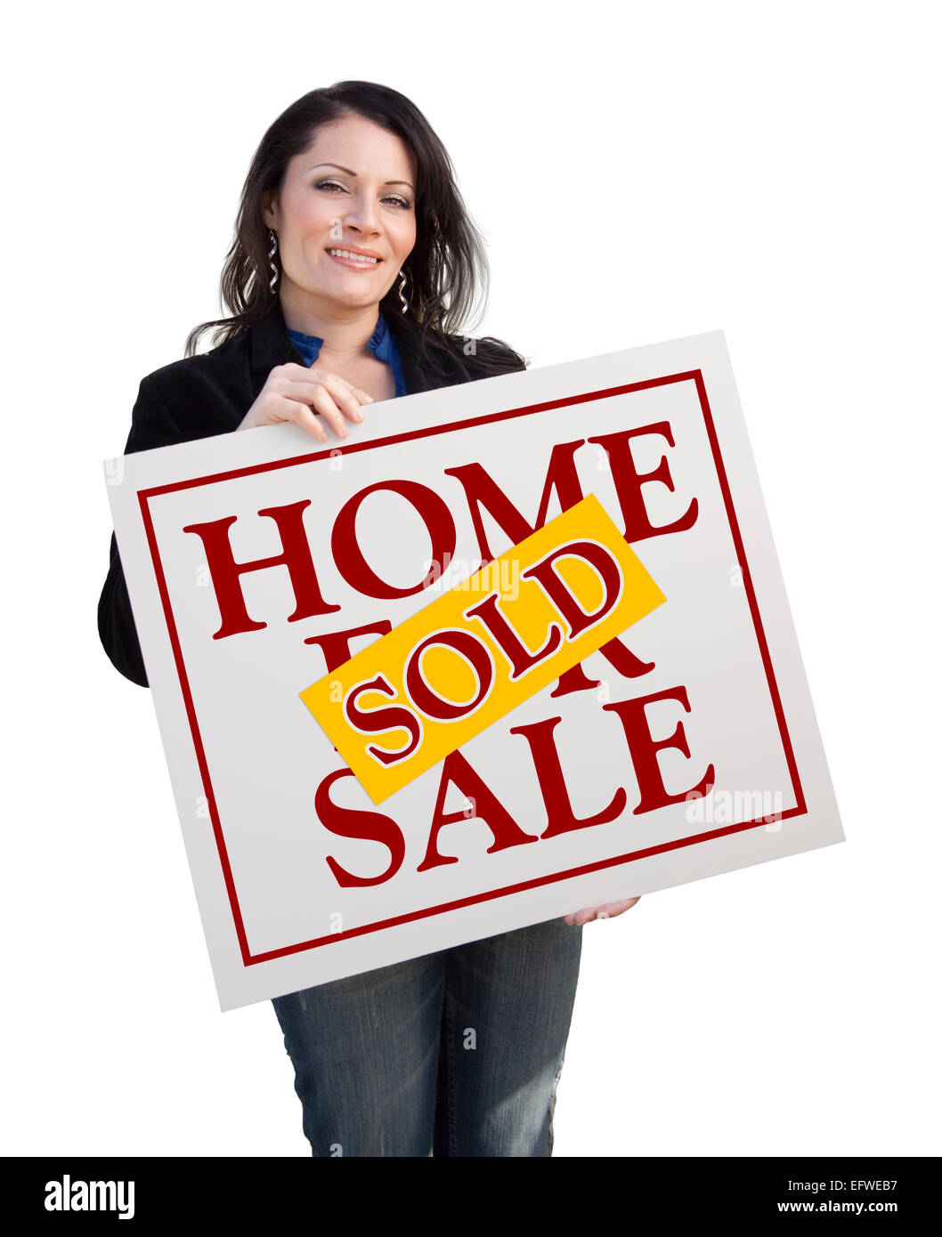 Hispanic Woman Holding Sold Home For Sale Real Estate Sign Isolated On ...