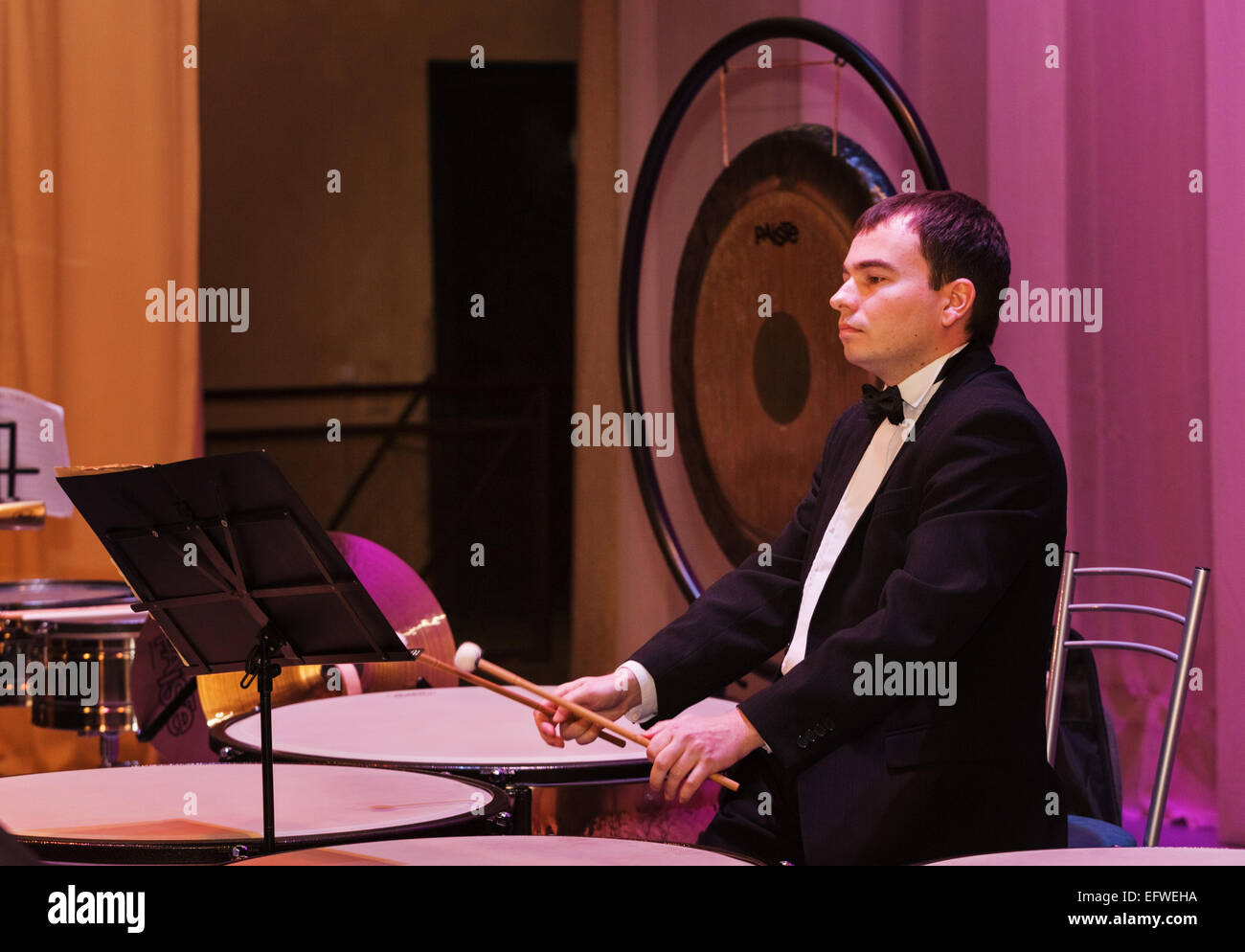 The drummer near the musical instruments to and during a concert Stock