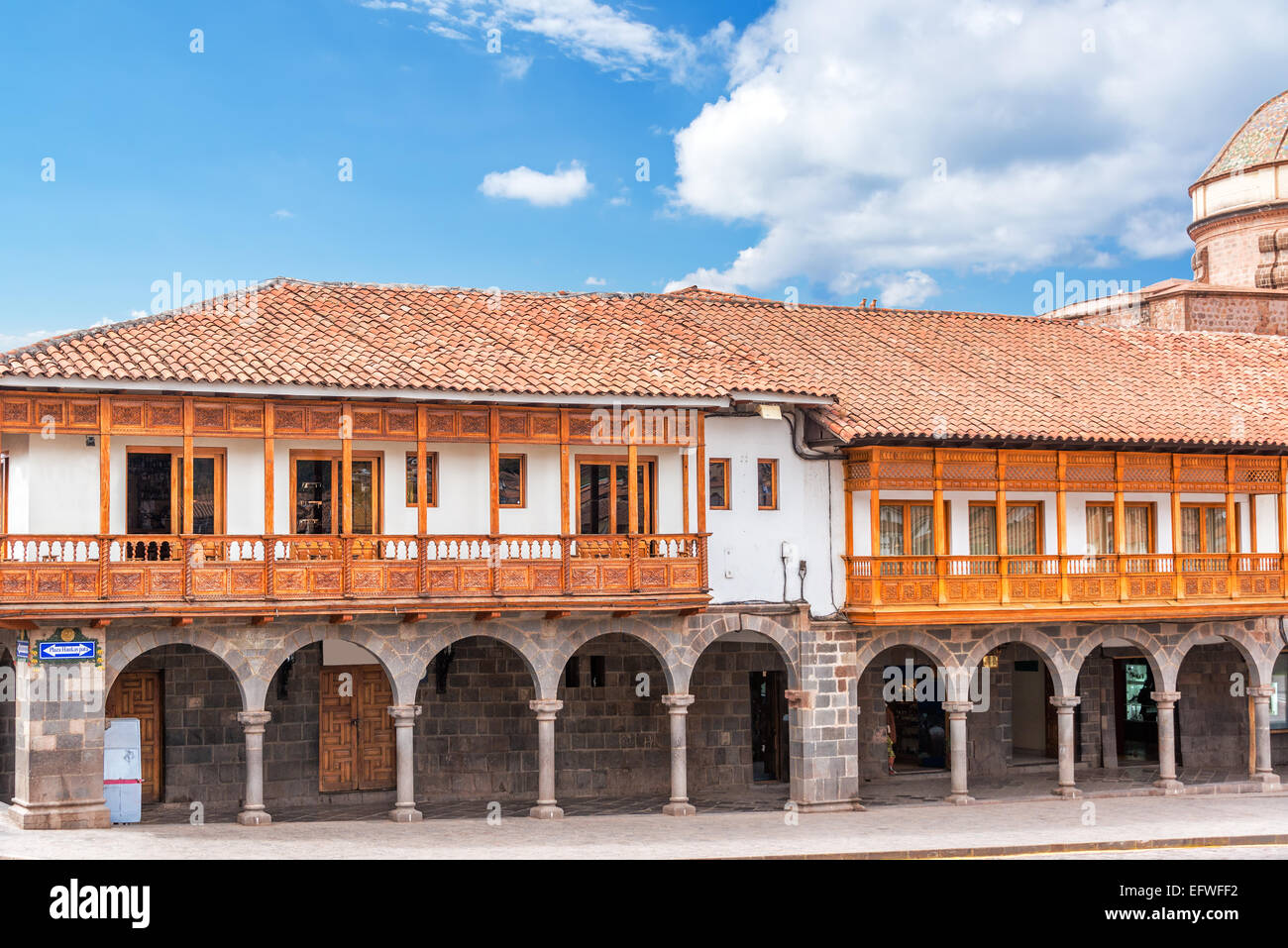 Arches and architecture on the Plaza de Armas of Cusco, Peru Stock Photo