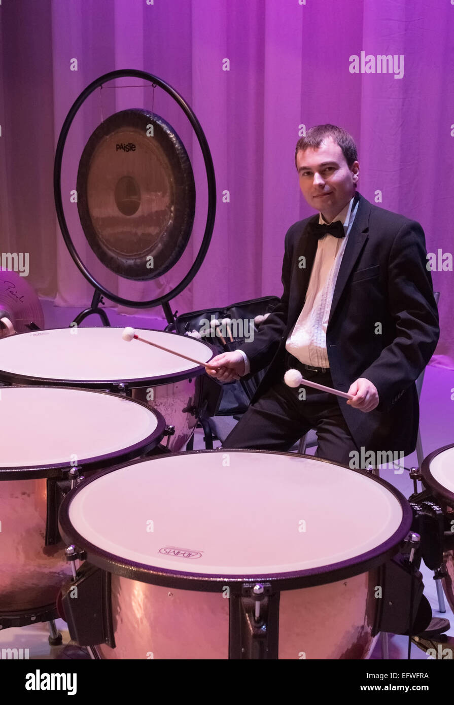 The drummer near the musical instruments to and during a concert Stock