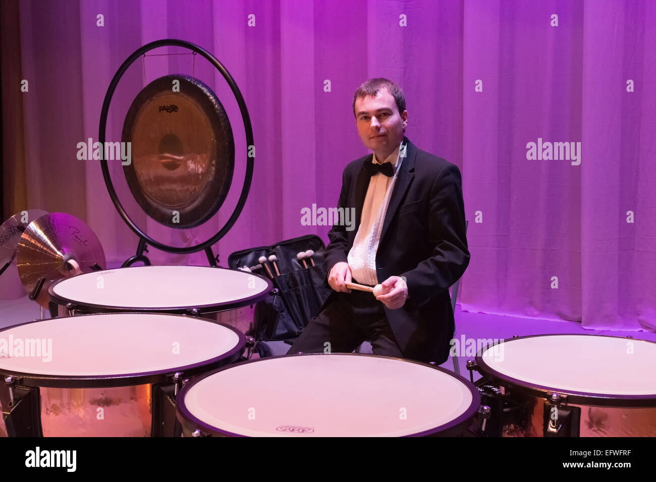 The drummer near the musical instruments to and during a concert Stock