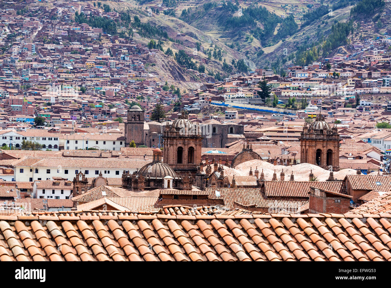Cityscape of Cusco, Peru with several churches visible Stock Photo