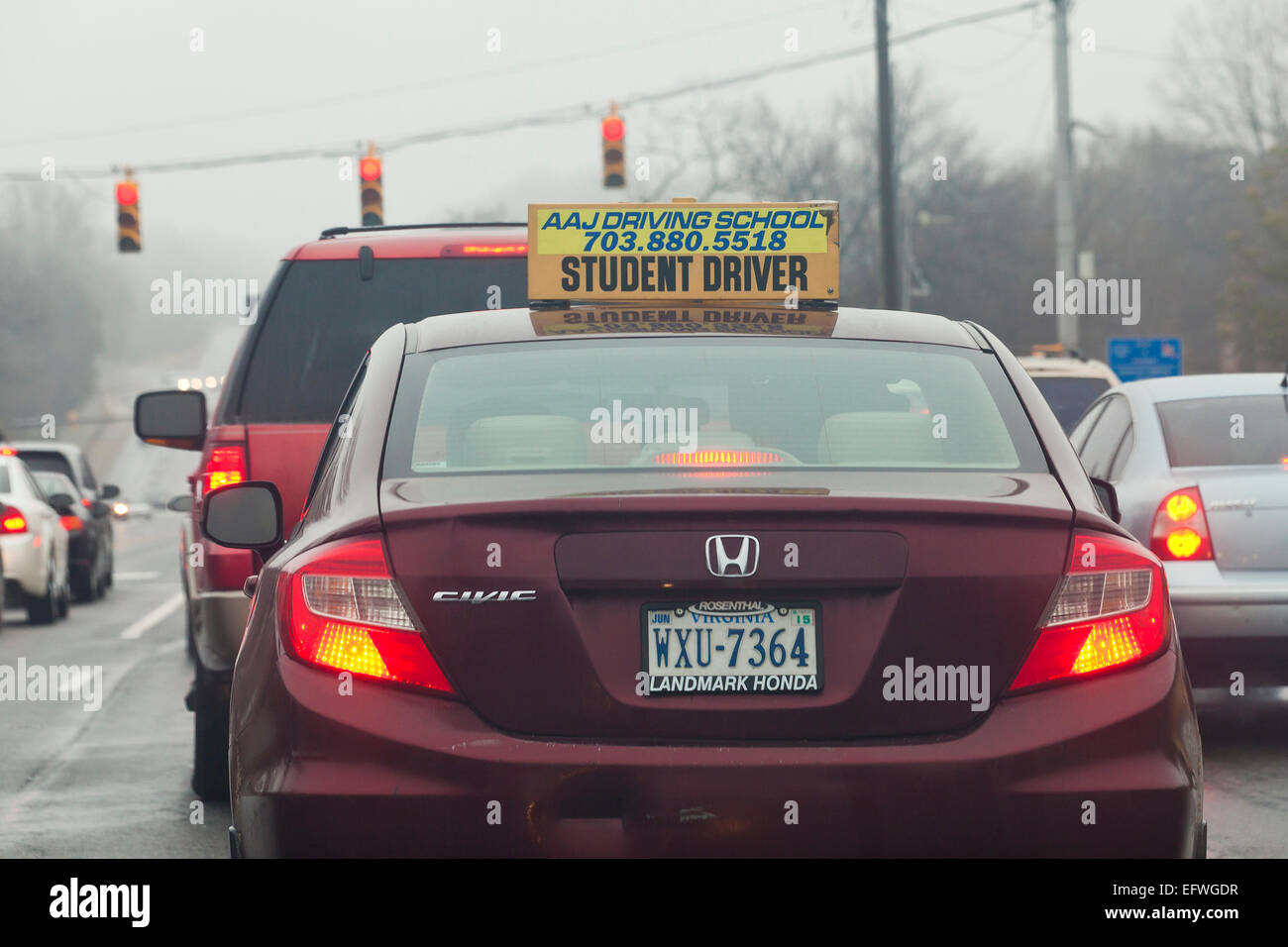 Student driver (learner driver) sign on top of driver training car - USA Stock Photo