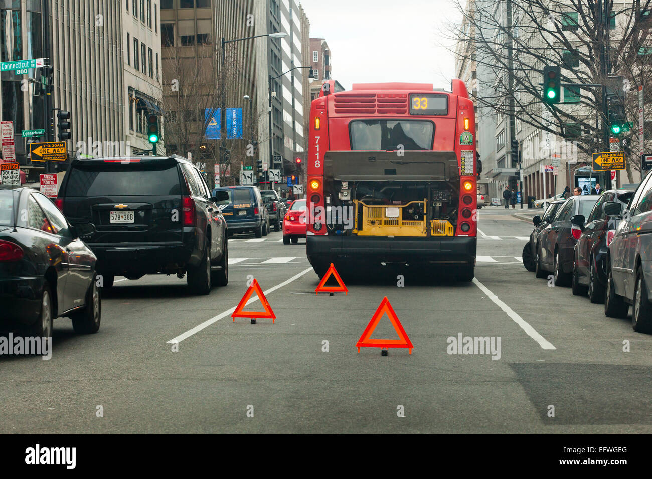 Broken down public bus on city street - Washington, DC USA Stock Photo