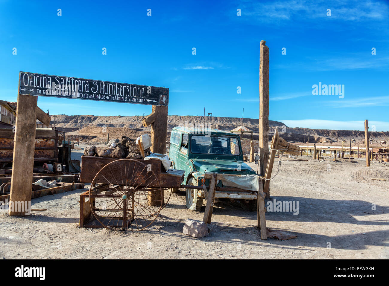Entrance to the UNESCO World Heritage ghost town of Humberstone, Chile Stock Photo