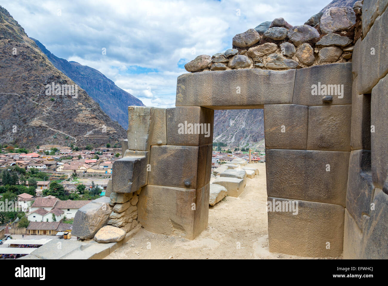 Stone Inca doorway in the ruins of Ollantaytambo, Peru Stock Photo