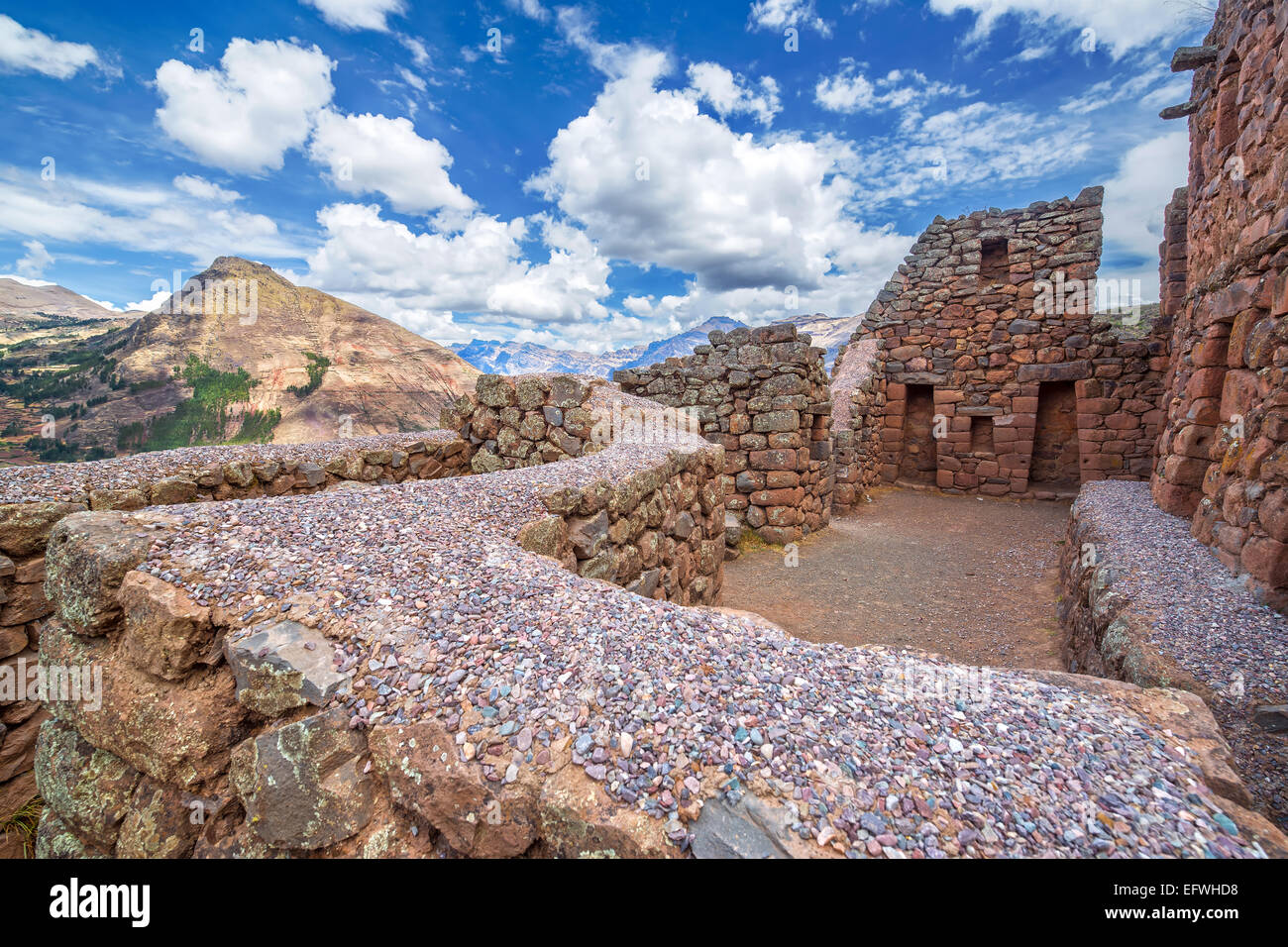 Ancient Incan ruins of Pisac in the Sacred Valley near Cusco Stock Photo