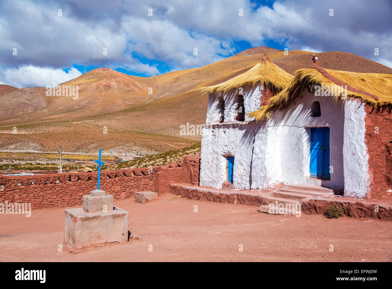 Straw roof church at Machuca near San Pedro de Atacama, Chile Stock Photo