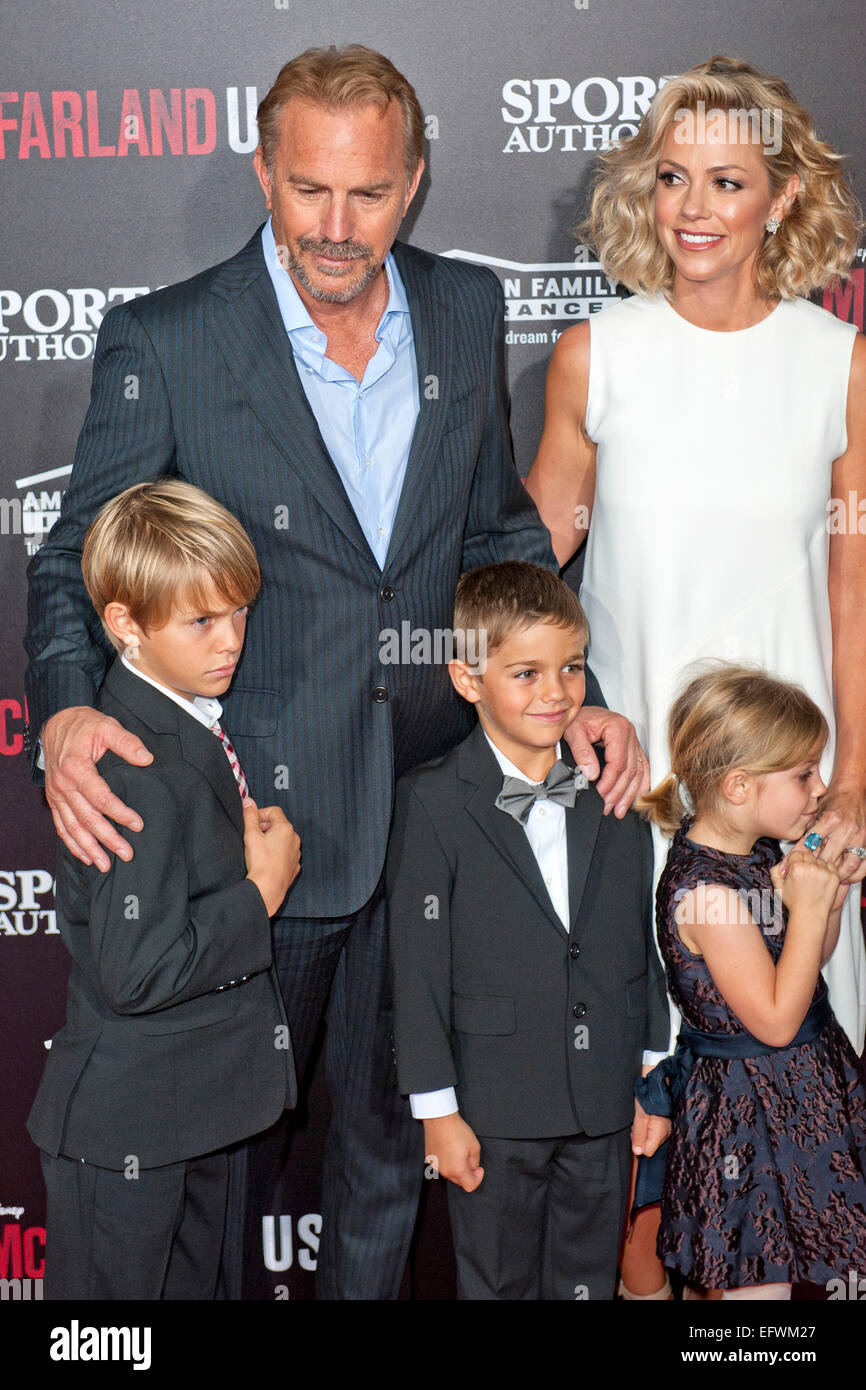Kevin Costner, wife Christine Baumgartner and children Grace Avery Costner, Hayes Logan Costner and Cayden Wyatt Costner attending the world premiere of Disney's 'McFarland, USA' at the El Capitan Theatre on February 9, 2015 in Hollywood, California/picture alliance Stock Photo