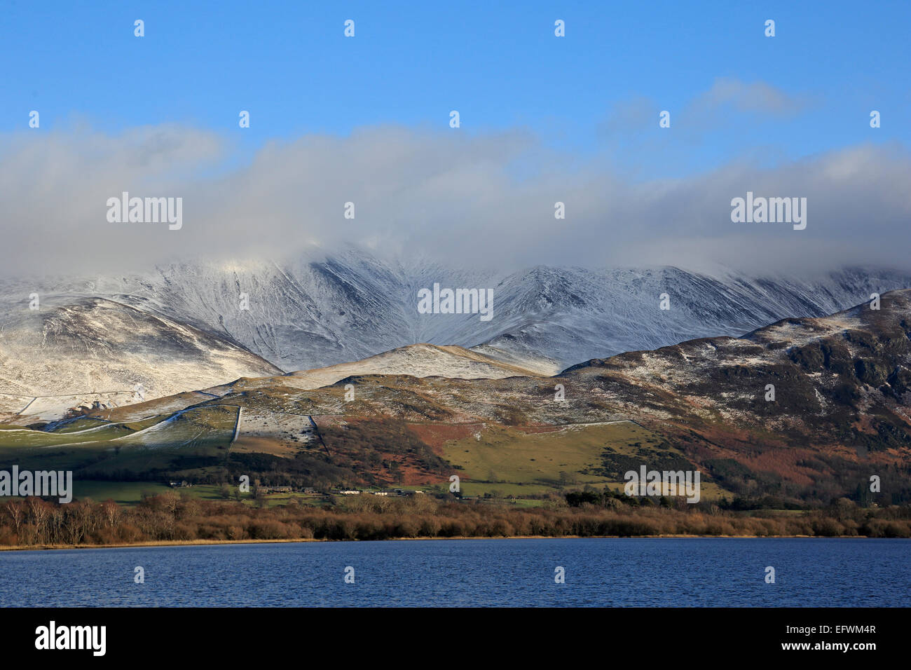 Winter view of Skiddaw over Bassenthwaite Lake in the Lake District Stock Photo