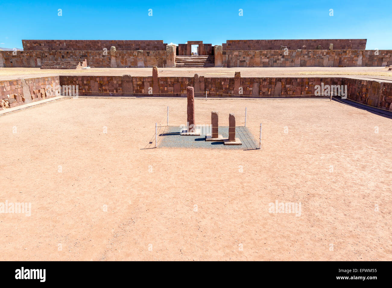 View of the semi subterranean temple at the UNESCO World Heritage site of Tiwanku near La Paz, Bolivia Stock Photo