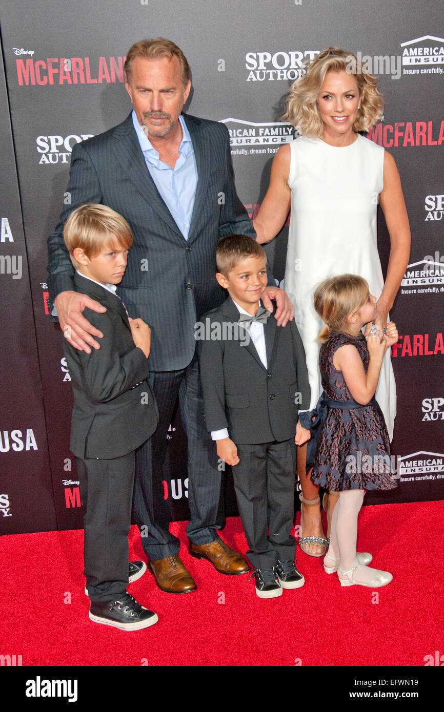 Kevin Costner, wife Christine Baumgartner and children Grace Avery Costner, Hayes Logan Costner and Cayden Wyatt Costner attending the world premiere of Disney's 'McFarland, USA' at the El Capitan Theatre on February 9, 2015 in Hollywood, California/picture alliance Stock Photo