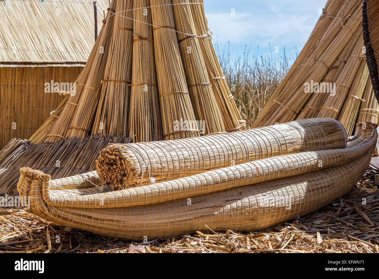 Reed boat on the manmade Uros floating islands on Lake Titicaca near Puno, Peru Stock Photo