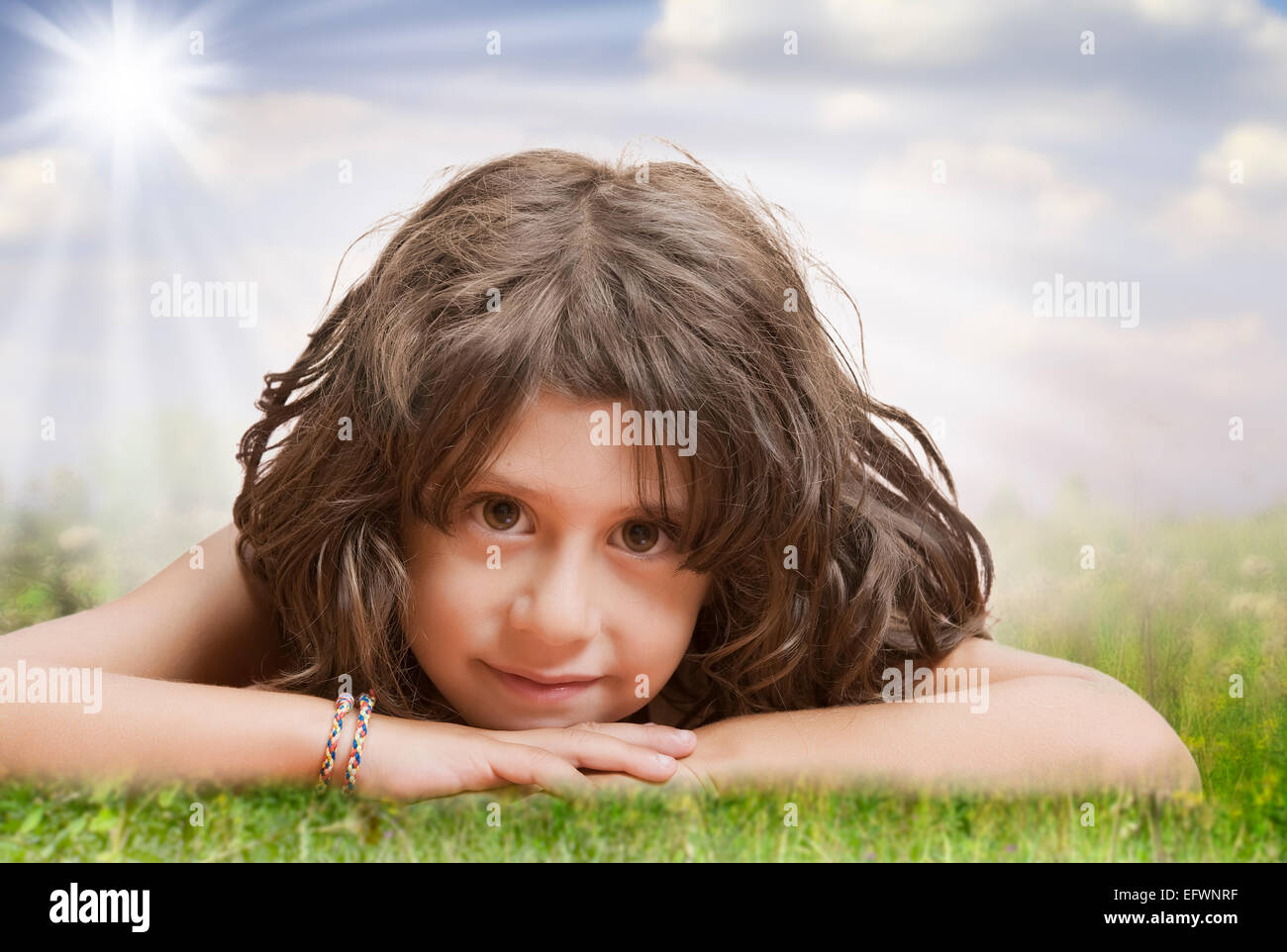 Portrait of little girl having good time in summer environment Stock ...