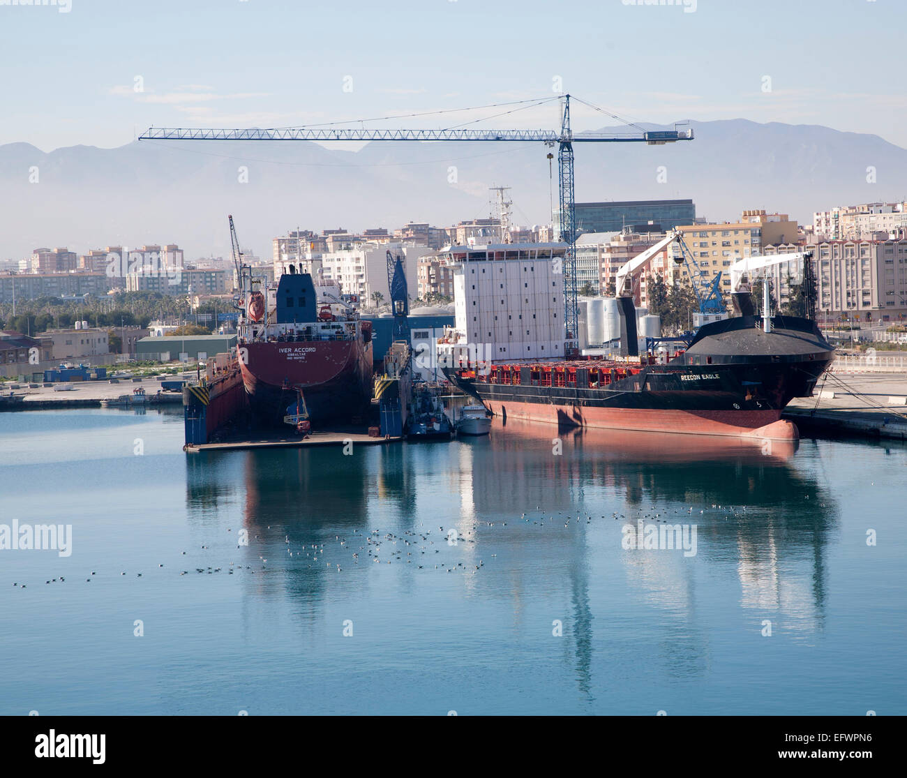 Cargo ships in the port of Malaga, Spain Stock Photo