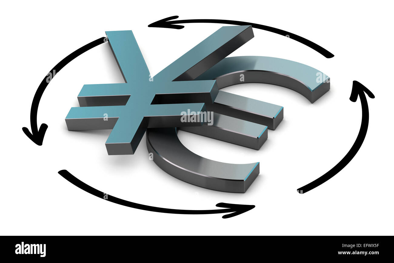 Euro and Yen symbols with four circular arrows over white background , Illustration of exchange between two currencies. Stock Photo
